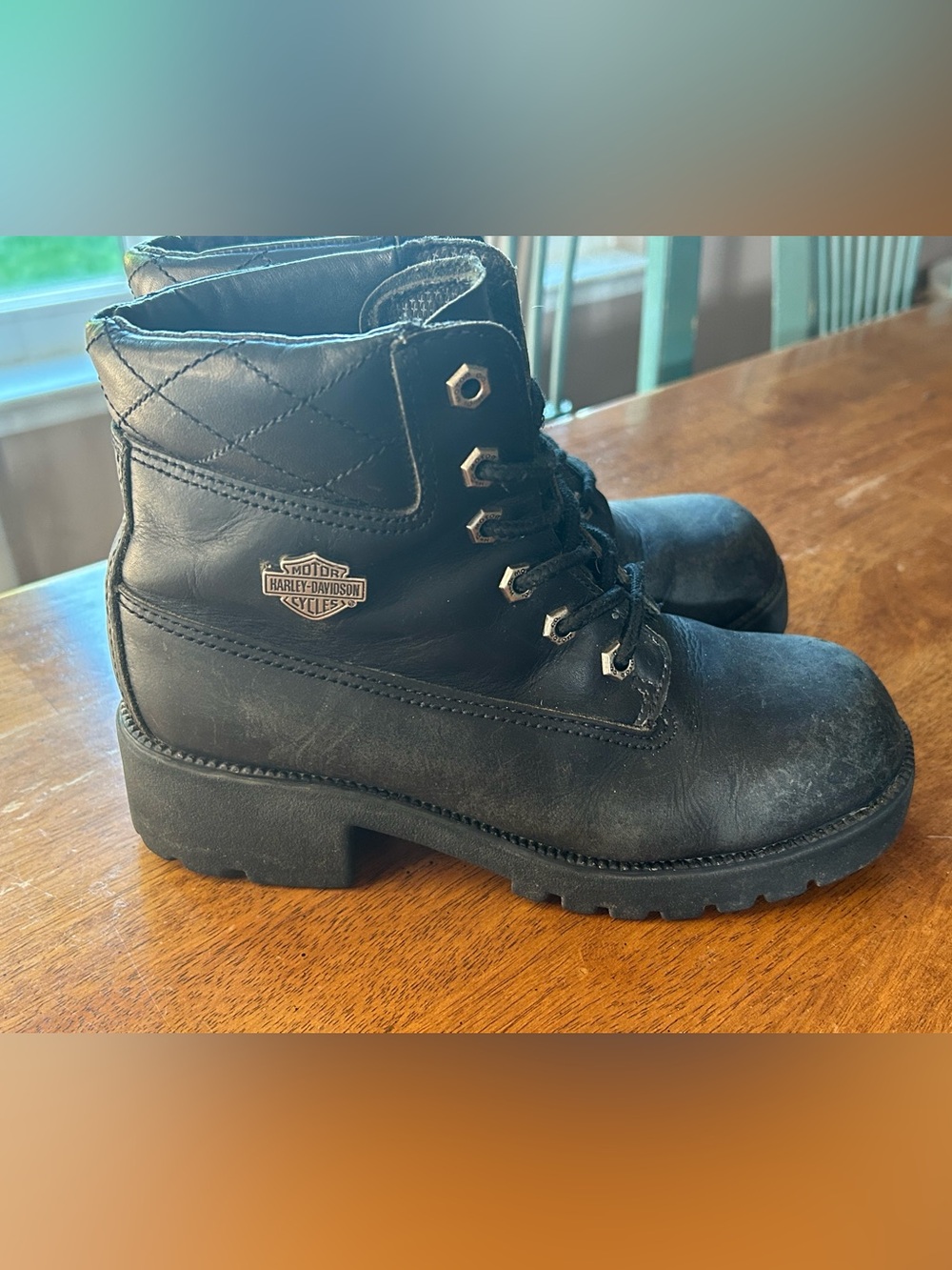 Harley  Davidson Quilted Black Leather Motorcycle Biker Combat Moto Boots Sz 7.5